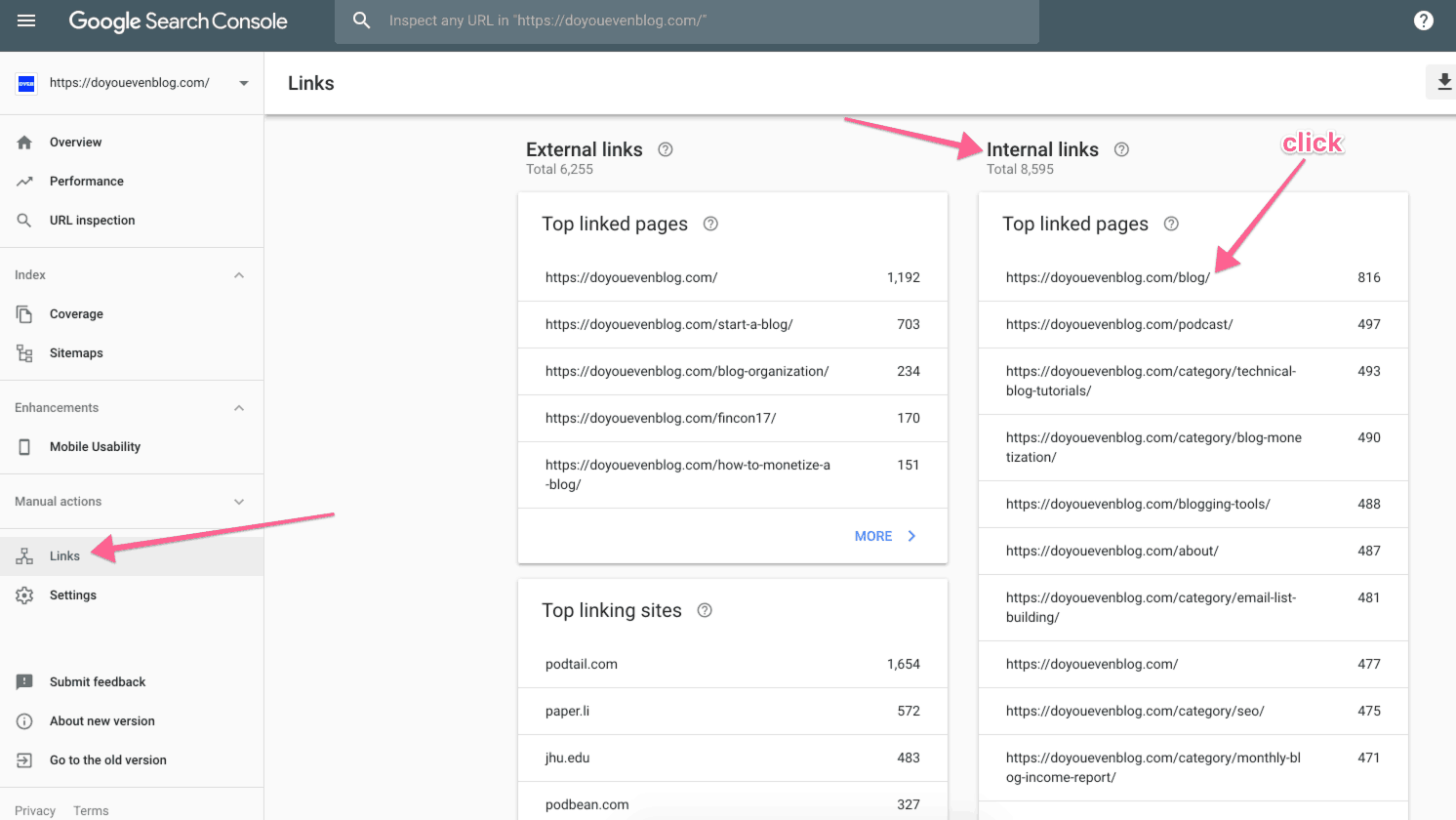 internal links google search console