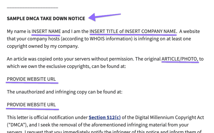 dmca letter for bloggers