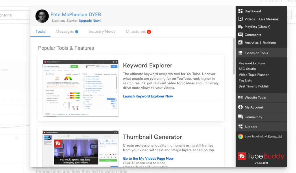 tubebuddy dashboard on youtube