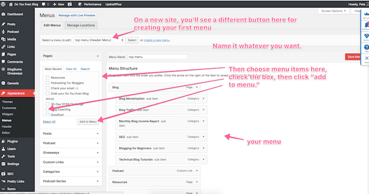 creating a wordpress menu