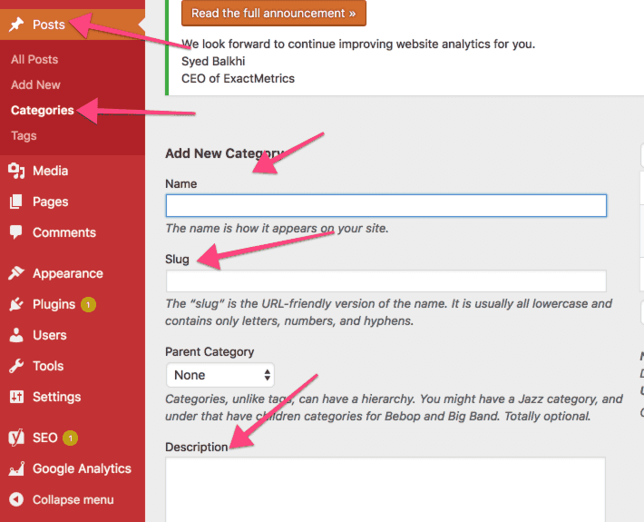 wordpress categorie dashboard