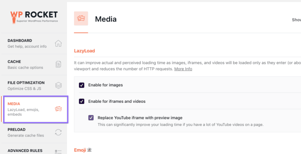 wp rocket media settings