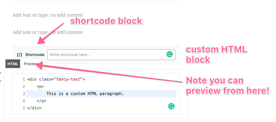 shortcode and html blocks gutenberg