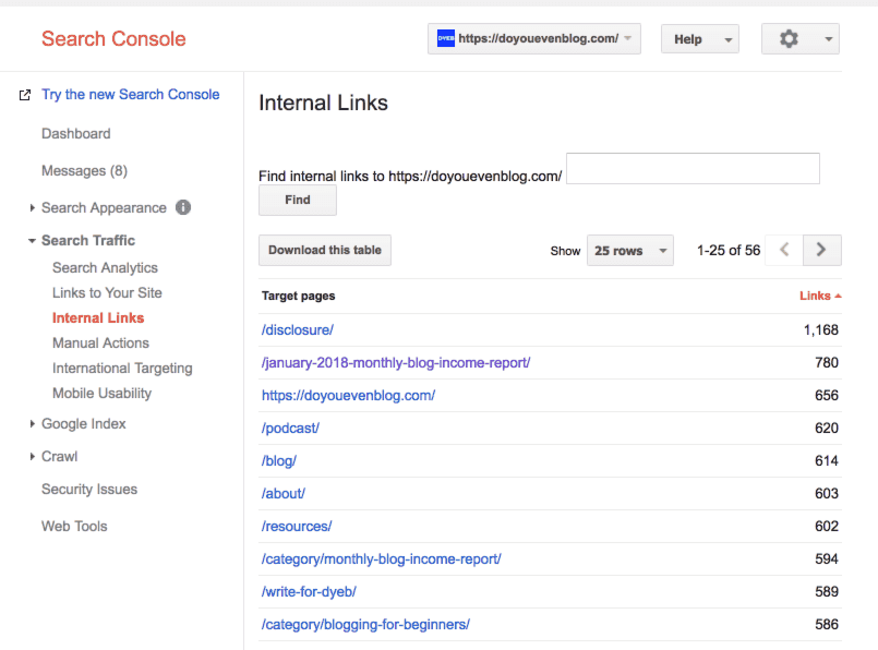 search console internal links