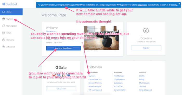 bluehost dashboard