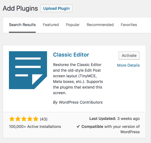 wordpress classic editor plugin
