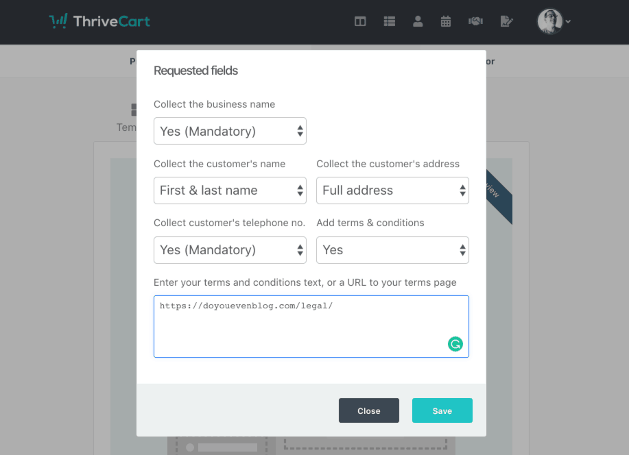 thrivecart terms and conditions checkbox